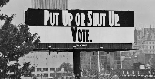 787 Southbound near Central Warehouse, Albany, New York - large billboard with a message if you don't vote, don't complain afterwards. New York State Capitol and South Mall to right of billboard in background. October 21, 1992 (Paul D. Kniskern, Sr./Times Union Archive)